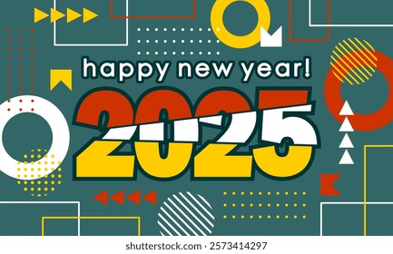 


Happy new year 2025 greeting card template, Trendy typography with geometric hipster pattern in Memphis style, Applicable for banner, calendar, invitation, flyer, social media

