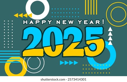 


Happy new year 2025 greeting card template, Trendy typography with geometric hipster pattern in Memphis style, Applicable for banner, calendar, invitation, flyer, social media

