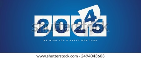 Happy New Year 2025 greeting card design template on blue background. New Year 2025 start concept. Calendar pages turn in the wind and the new year begins