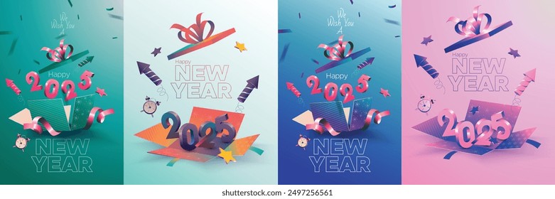 Happy new year 2025 greetings concept. Set of 2025 new year celebration template. Happy new year 2025 with 3D number on open gift box concept