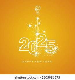 Happy New Year 2025 greetings firework white line design numbers white orange yellow color background