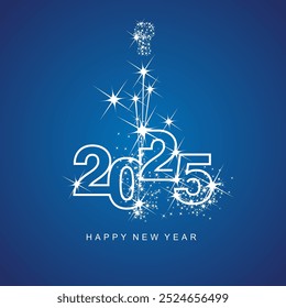 Happy New Year 2025 greetings firework white line design numbers white blue color background