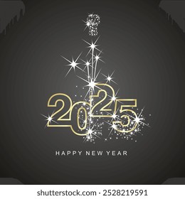 Happy New Year 2025 greetings white firework golden line design numbers black color background