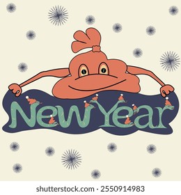 Happy New Year 2025 greetings from Santa Claus. A smiling red bag of padarki lies on the inscription "Happy New Year" and on green snakes in the form of letters and numbers.