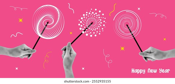 Happy new year 2025 greetings, hands carrying fireworks with magical glow pop art. Celebration collage isolated on vibrant pink background.