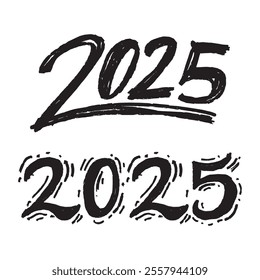 Happy New Year 2025. Grunge hand drawn font. Vector illustration.	