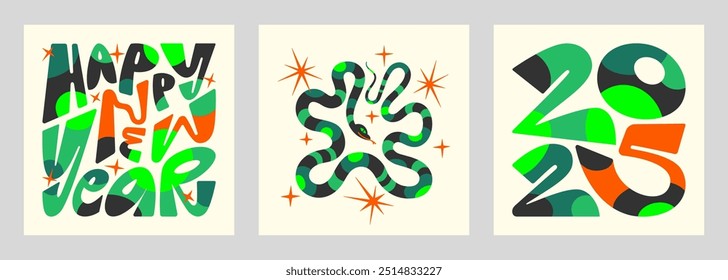 Happy New Year 2025 hand drawn greeting card poster templates set.  Cute snake stars colorful illustration. Graffiti cartoon trendy lettering, bold distorted letters numbers inscribed in a square.