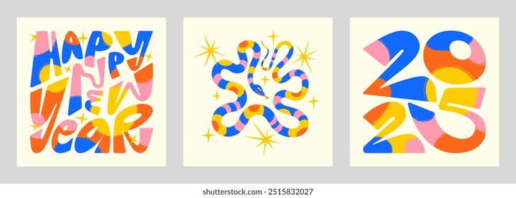 Happy New Year 2025 hand drawn greeting card poster templates set. Graffiti cartoon trendy lettering, bold distorted letters numbers inscribed in a square. Cute snake stars colorful illustration. 