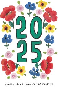 Happy New Year 2025 hand drawn lettering with watercolor flowers with isolated white background