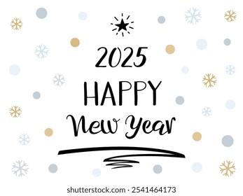 Happy New Year 2025 hand Lettering greeting card with Christmas tree pen stroke and star. Modern brush ink calligraphy. Black text isolated on white with gold and blue snowflakes and circles.