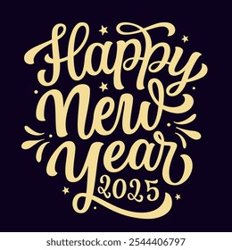 Happy New year 2025. Hand lettering golden script text isolated on dark background. Vector typography for posters, banners, cards, New year or Christmas decorations