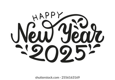 Happy New Year 2025 hand drawn lettering on white background. Handwritten design element for card, poster, banner. Modern black color calligraphy in oval shape