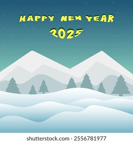 Happy New Year 2025 hand lettering with winter mountains landscape.