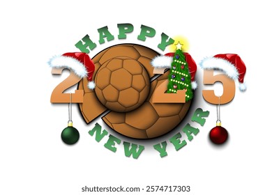 Happy new year. 2025 with handball ball. Numbers in Christmas hats with Christmas tree balls. Original template design for greeting card. Vector illustration on isolated background