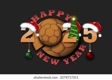 Happy new year. 2025 with handball ball. Numbers in Christmas hats with Christmas tree balls. Original template design for greeting card. Vector illustration on isolated background