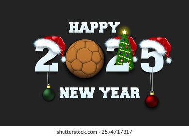 Happy new year. 2025 with handball ball. Numbers in Christmas hats with Christmas tree balls. Original template design for greeting card. Vector illustration on isolated background