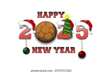 Happy new year. 2025 with handball ball. Numbers in Christmas hats with Christmas tree balls. Original template design for greeting card. Vector illustration on isolated background