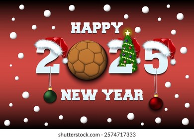 Happy new year. 2025 with handball ball. Numbers in Christmas hats with Christmas tree balls. Original template design for greeting card. Vector illustration on isolated background