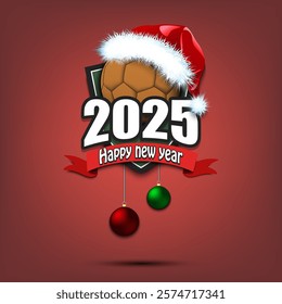 Happy new year 2025. Handball logo template design. Handball ball in santa hat. Design pattern for greeting card, banner, poster. Vector illustration on isolated background