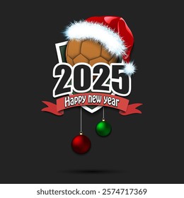 Happy new year 2025. Handball logo template design. Handball ball in santa hat. Design pattern for greeting card, banner, poster. Vector illustration on isolated background