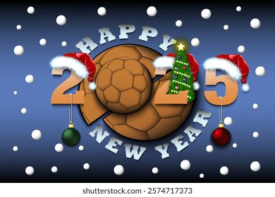 Happy new year. 2025 with handball ball. Numbers in Christmas hats with Christmas tree balls. Original template design for greeting card. Vector illustration on isolated background