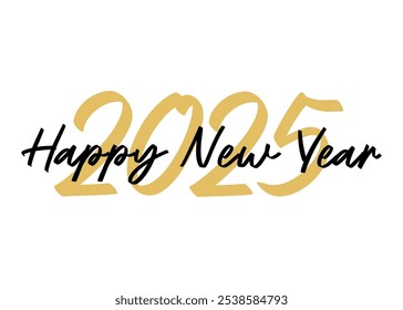 Happy New Year 2025 handwriting text design with calligraphy and gold text