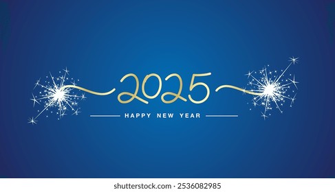 Happy New Year 2025 handwritten line design lettering tipography golden numbers sparkle firework blue background banner