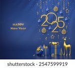 Happy New Year 2025. Hanging golden metallic numbers 2025 with stars, balls and snowflake on blue background. Reindeer, gift boxes, metallic pine or fir, cone shape spruce trees. Vector illustration.