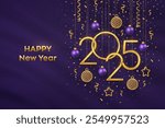 Happy New Year 2025. Hanging Golden metallic numbers 2025 with shining 3D metallic stars, balls and confetti on purple background. New Year greeting card, banner template. Vector illustration.