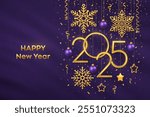 Happy New Year 2025. Hanging Golden metallic numbers 2025 with shining snowflakes, 3D metallic stars, balls and confetti on purple background. New Year greeting card or banner template. Vector.