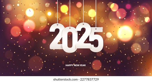 Happy new year 2025. Hanging white paper number with confetti on a colorful blurry background.