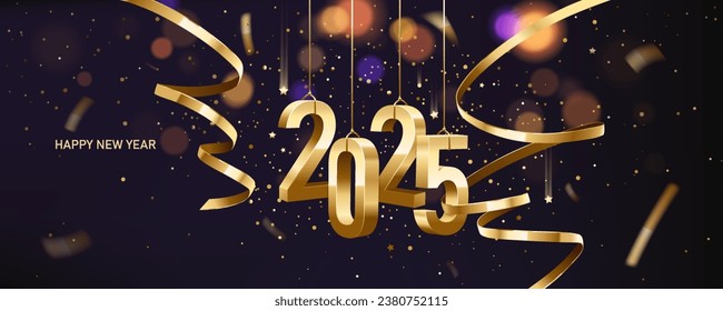 Frohes neues Jahr 2025. Goldene 3D-Zahlen mit goldenen Bändern und Konfetti auf entfochtenem bunten Bokeh-Hintergrund.