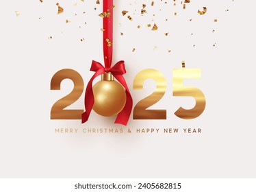 Happy New Year 2025. Hanging Realistic bauble ball on red ribbon with bow. Golden numbers 2025. Holiday gift card. Xmas bauble hanging. New Year Greeting Background. Vector illustration