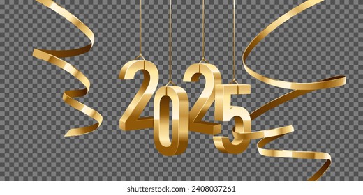 Happy New Year 2025. Hanging golden 3D numbers with golden ribbons, isolated on transparent background.