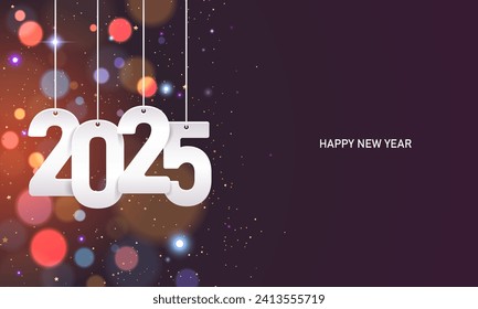 Happy new year 2025. Hanging white paper number with confetti on a colorful blurry background.