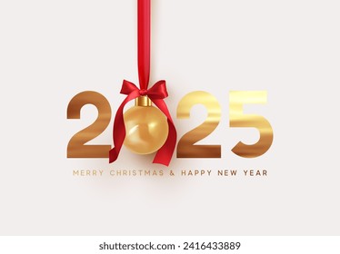 Happy New Year 2025. Hanging Realistic bauble ball on red ribbon with bow. Golden metal numbers 2025. Holiday gift card. Xmas bauble hanging. New Year Greeting Background. Vector illustration