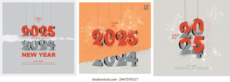 Happy new year 2025 with hanging 3D number and paper cutting on texture modern retro style design background