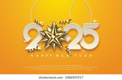 Happy new year 2025 with hanging numbers and sparkling ribbon. Greeting concept for 2025 new year celebration