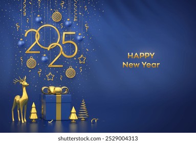 Happy New Year 2025. Hanging golden metallic numbers 2025 with stars, balls and snowflake on blue background. Gold deer, gift boxes, metallic pine or fir, cone shape spruce trees. Vector illustration.