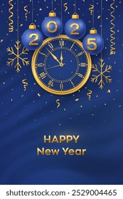 Happy New Year 2025. Hanging blue Christmas bauble balls with realistic gold 3d numbers 2025 and snowflakes. Watch with Roman numeral and countdown midnight, eve for New Year. Merry Christmas. Vector.