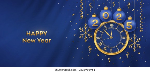 Happy New Year 2025. Hanging blue Christmas bauble balls with realistic gold 3d numbers 2025 and snowflakes. Watch with Roman numeral and countdown midnight, eve for New Year. Merry Christmas. Vector.