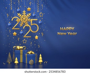 Happy New Year 2025. Hanging golden metallic numbers 2025 with snowflake, stars and balls on blue background. Gift boxes and golden metallic pine or fir, cone shape spruce trees. Vector illustration.