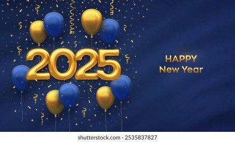 Happy New Year 2025. Hanging Golden numbers 2025 with 3D festive helium balloons and falling confetti on blue background. New Year, Xmas greeting card, banner template. Vector illustration.