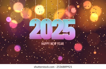 Happy new year 2025. Hanging white paper number with confetti on a colorful blurry background. Happy New Year modern design with 2025 logo made of 3d vibrant numbers on backlight background