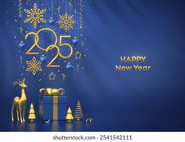 Happy New Year 2025. Hanging gold metallic numbers 2025 with golden snowflakes, stars, balls on blue background. Gift box, reindeer, metallic pine or fir, cone shape spruce trees. Vector illustration.