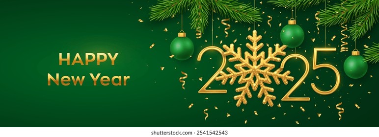 Happy New Year 2025. Hanging Golden metallic numbers 2025 with snowflake, balls, pine branches and confetti on green background. New Year greeting card or banner template. Holiday decoration. Vector.