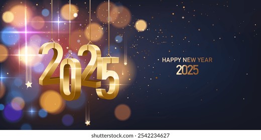 Feliz año Nuevo 2025. Colgando números dorados en 3D con confeti dorado sobre un fondo bokeh desenfocado y colorido.