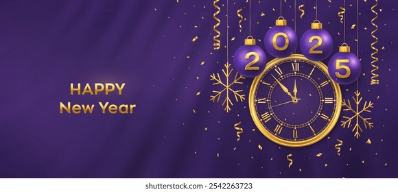 Happy New Year 2025. Hanging purple Christmas balls with realistic gold 3d numbers 2025 and snowflakes. Watch with Roman numeral and countdown midnight, eve for New Year. Merry Christmas. Vector.