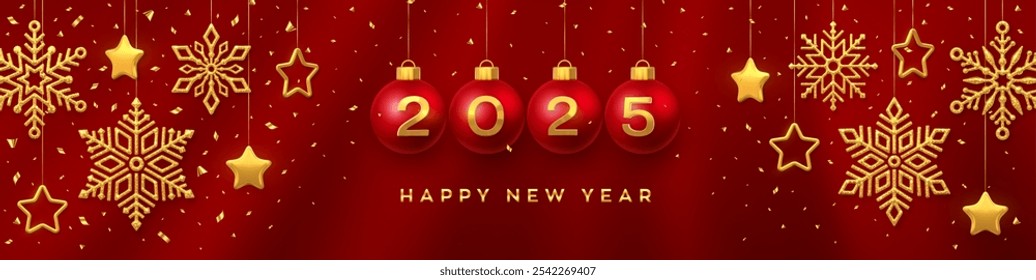 Happy New Year 2025. Hanging red Christmas bauble balls with realistic golden 3d numbers 2025. Golden snowflakes and 3D metallic stars on red background. Holiday banner, header. Vector Illustration.