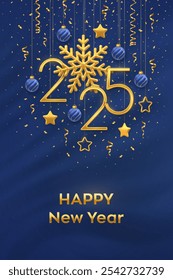 Happy New Year 2025. Hanging Golden metallic numbers 2025 with shining snowflakes, 3D metallic stars, balls, confetti on blue background. New Year greeting card, banner template. Vector illustration.